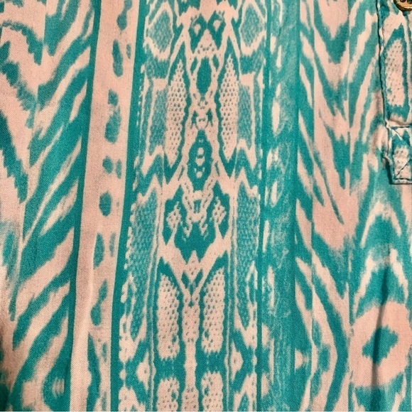 Grand & Greene Tunic Top Large Teal White 3/4 Length Sleeves 1/4 Button-Up Rayon - Picture 10 of 15